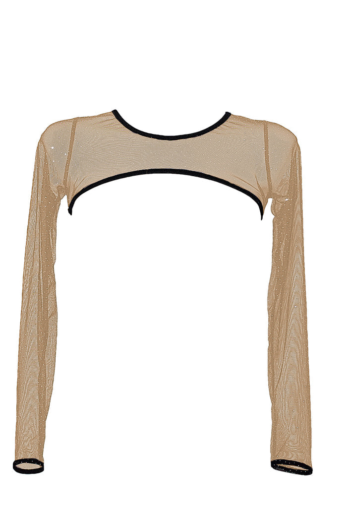Super Crop Top Long Sleeve Sheer Sparkles Mesh Black  /  SUPER CROP NUDE sparkles,TOPS - EXES LINGERIE