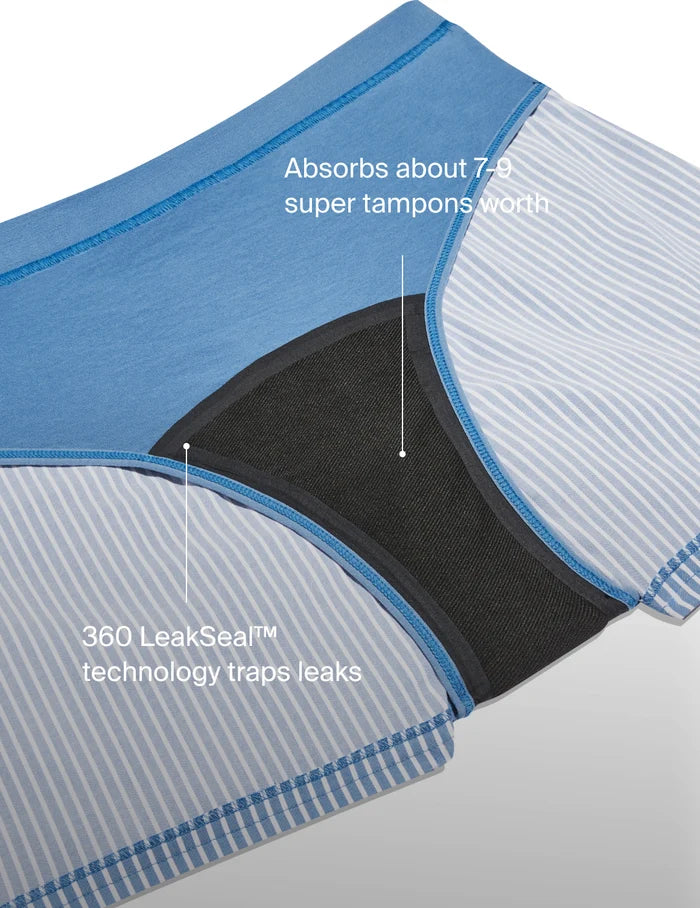 | Text on Image: Absorbs about 7-9 super tampons worth. 360 LeakSeal™ technology traps leaks | Eucalyptus Stripe