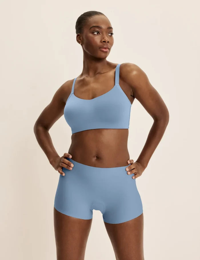| Front view of model highlighting the coverage and fit | Chambray