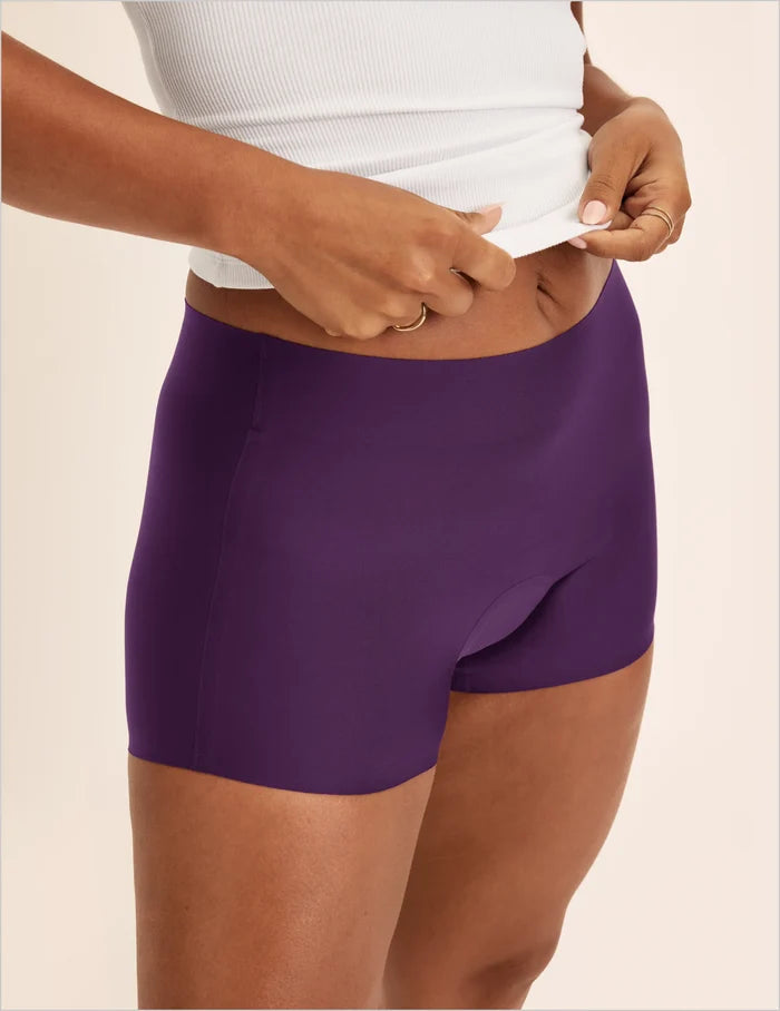 | Front view of model wearing the Super Leakproof® Dream Short™ highlighting the coverage and smooth fit | Blackberry