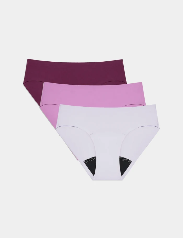 | Super Leakproof® No-Show Bikini 3-Pack shown front-facing against a light gray background | Berry/Violet/Lavender