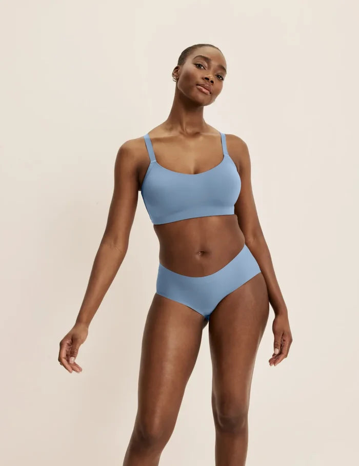 | Front view of model highlighting the coverage and fit | Chambray