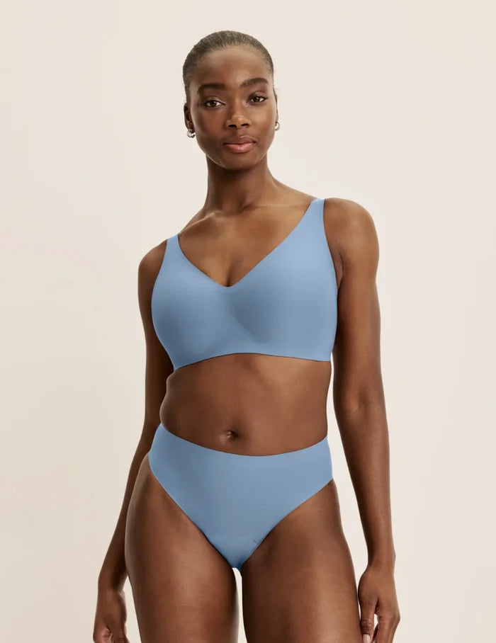 | Front view of model highlighting the coverage and fit | Chambray
