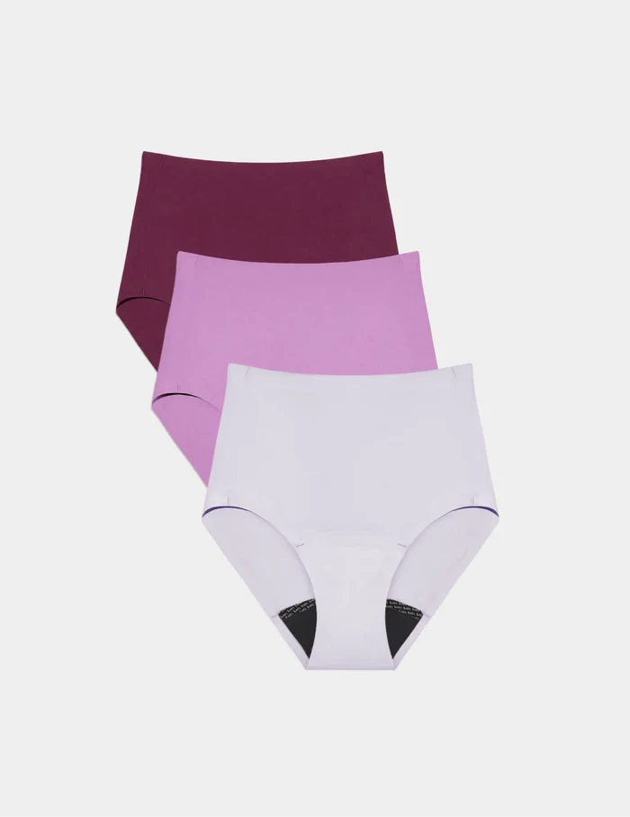 | Super Leakproof® No-Show High Rise 3-Pack shown front-facing against a light gray background | Berry/Violet/Lavender