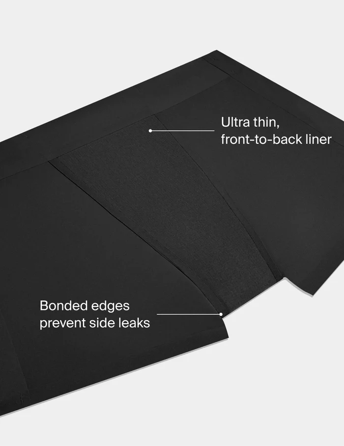 | On image text: Ultra thin, front-to-back liner. Bonded edges prevent side leaks. | Black