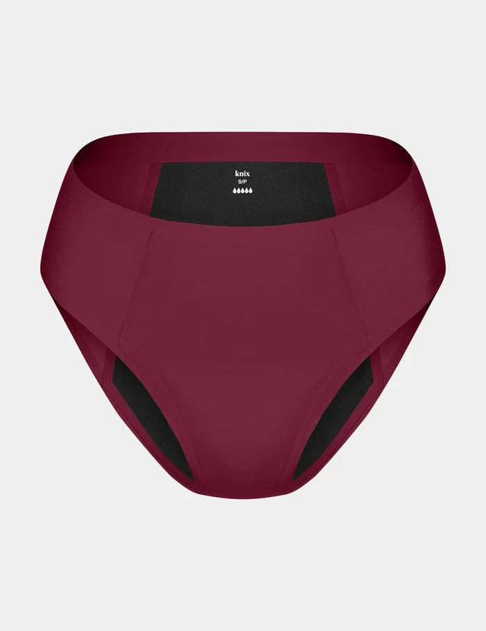 | SuperPlus Leakproof® No-Show Bikini shown front-facing against a light gray background | Dark Cherry