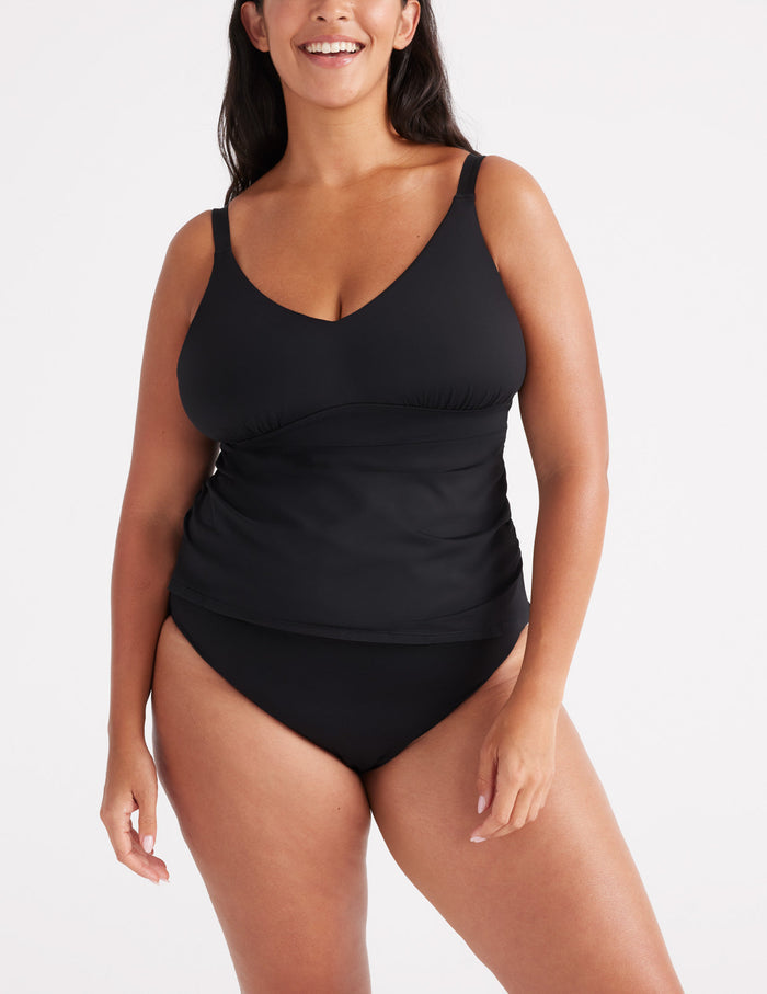 Jessie is a 38G and is wearing a Knix size XL | Front view of model wearing the Tankini Top highlighting the coverage and fit  | Black