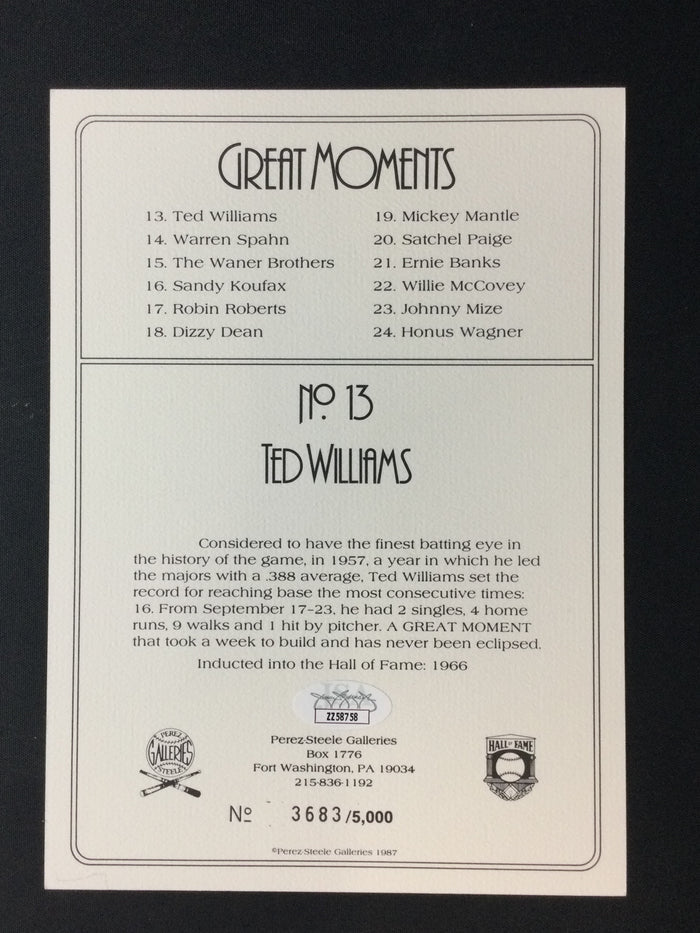 Ted Williams SIGNED Greatest Moments Perez Steele 5x8 Autograph JSA LOA Boston Red Sox HOF