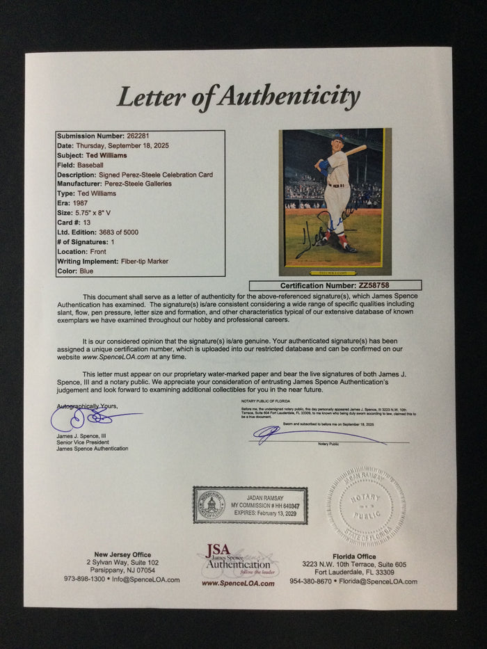 Ted Williams SIGNED Greatest Moments Perez Steele 5x8 Autograph JSA LOA Boston Red Sox HOF