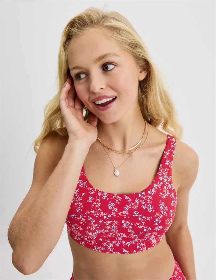 | Front view of model wearing the Teen Double Scoop Bikini Top highlighting the neckline, strap design, and silhouette | Poppy Petal