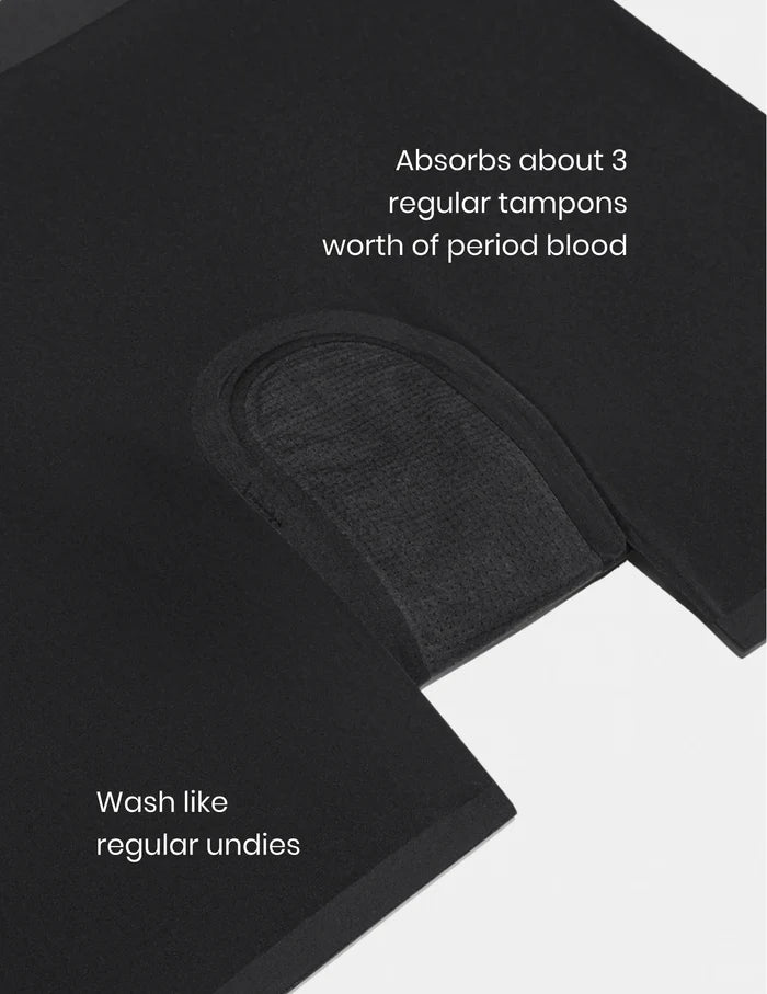 | On image text: Absorbs about 3 regular tampons worth of period blood. Wash like regular undies.  | Black