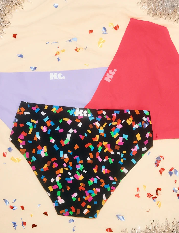 | Teen Leakproof UltraThin Bikini shown front-facing against a confetti background | Confetti/Ultra Violet/Raspberry
