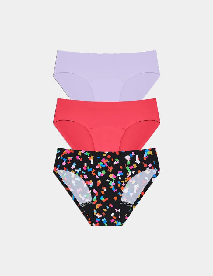 | Teen Leakproof UltraThin Bikini 3-pack shown front-facing against a light gray background | Confetti/Ultra Violet/Raspberry