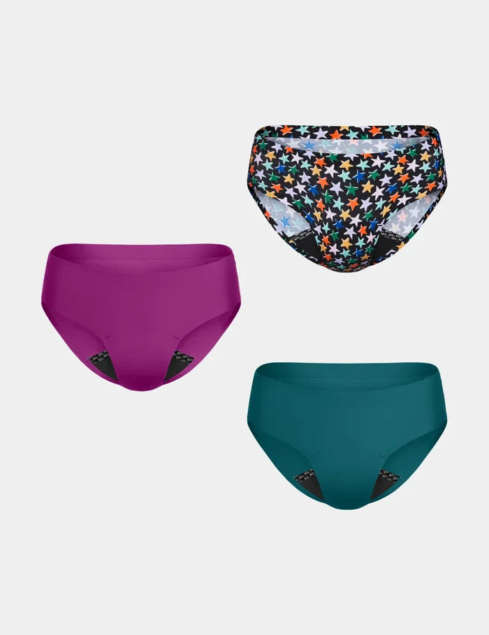 | Teen Leakproof UltraThin Bikini 3-pack shown front-facing against a light gray background | Comet/Atmosphere/Starstruck