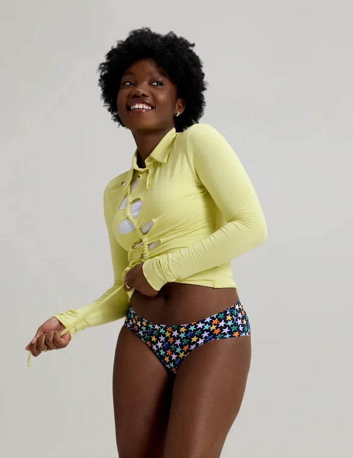 | Front view of model wearing the Teen Leakproof UltraThin Bikini highlighting the coverage and smooth fit | Comet/Atmosphere/Starstruck