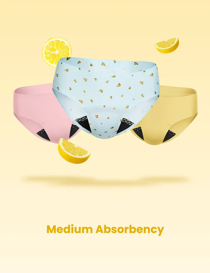 | Teen Leakproof UltraThin No-Show Bikini 3-pack shown front-facing against a light yellow background | Lemon Sorbet/Ballet Pink/Lemonade