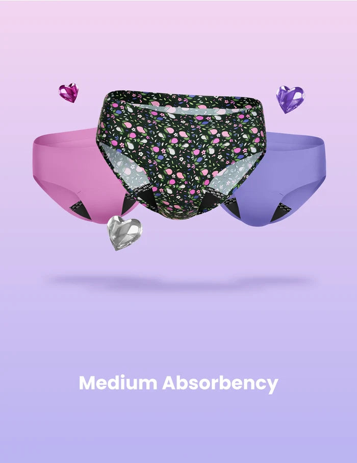 | Teen Leakproof UltraThin No-Show Bikini 3-pack shown front-facing against a light purple background | Guava/Festival Blue/Perfect Pear