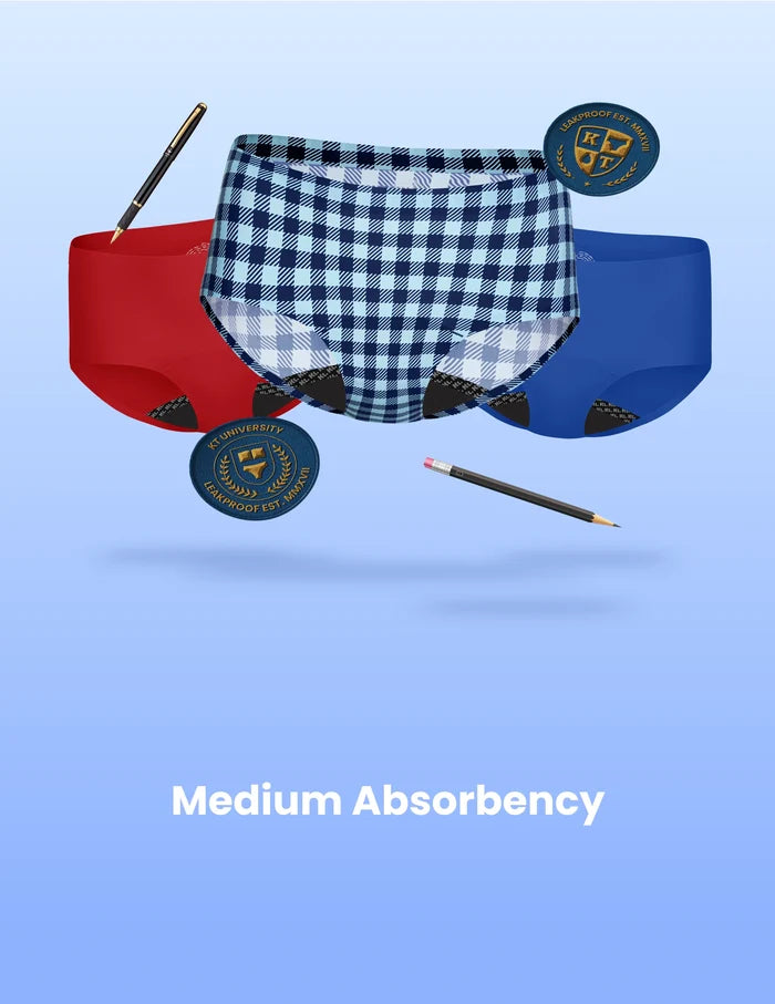 | Teen Leakproof UltraThin No-Show Boyshort 3-pack shown front-facing against a light blue background | Gumdrop/Blueberry/Blue Gingham