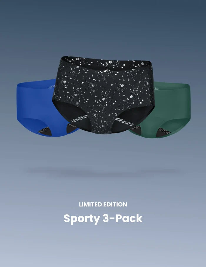| Teen Leakproof UltraThin No-Show Boyshort 3-pack shown front-facing against a light blue background | Blueberry/Holly/Galaxy