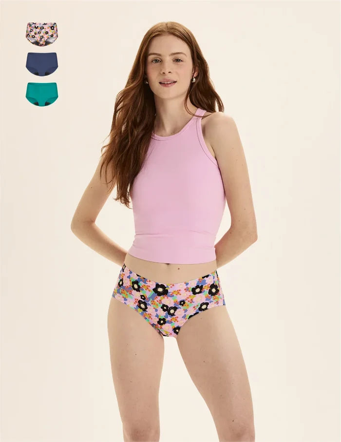 | Front view of model wearing the Teen Leakproof UltraThin No-Show Boyshort highlighting the coverage and smooth fit | Electric Orchid/Teal Appeal/Lagoon
