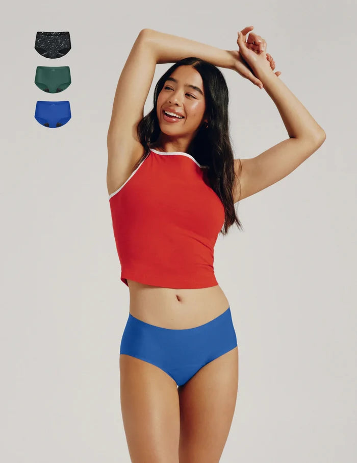 | Front view of model wearing the Teen Leakproof UltraThin No-Show Boyshort highlighting the coverage and smooth fit | Blueberry/Holly/Galaxy