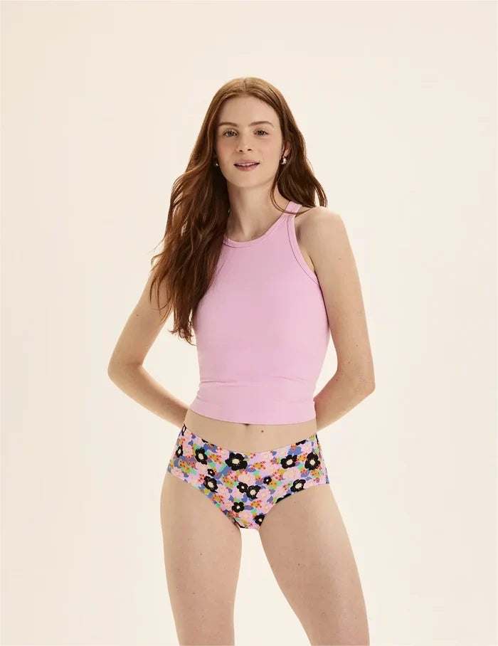 | Front view of model wearing the Teen Leakproof UltraThin No-Show Boyshort highlighting the coverage and smooth fit | Electric Orchid