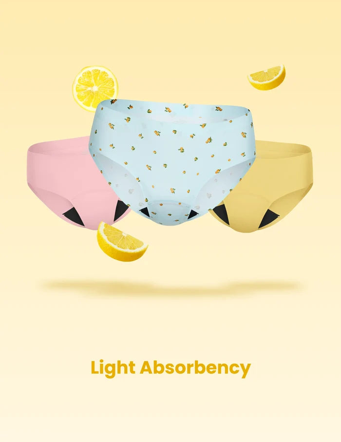 | Teen Light Leakproof No-Show Bikini 3-pack shown front-facing against a light yellow background | Lemon Sorbet/Ballet Pink/Lemonade