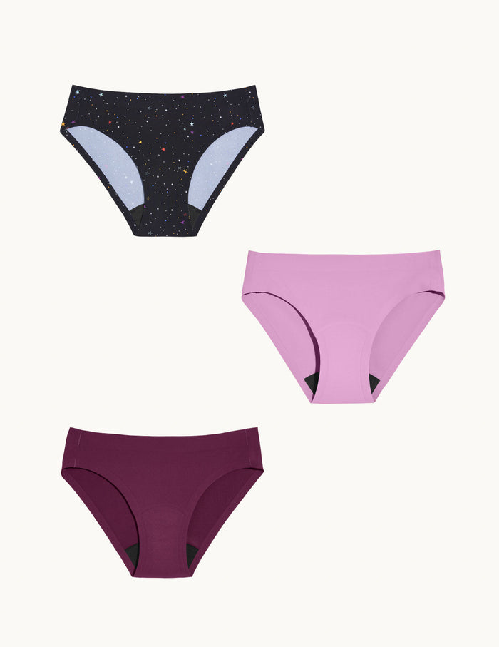 | Teen Light Leakproof No-Show Bikini 3-pack shown front-facing against a light gray background |