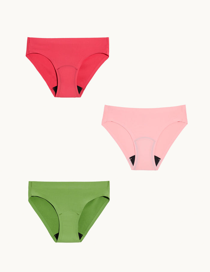 | Teen Light Leakproof No-Show Bikini 3-pack shown front-facing against a light gray background |