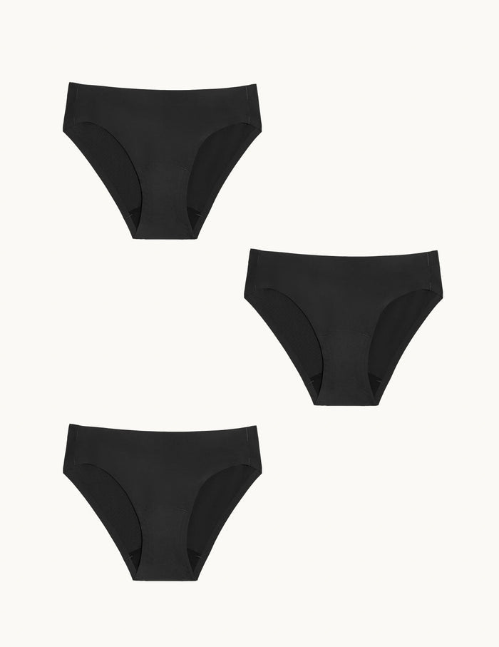 | Teen Light Leakproof No-Show Bikini 3-pack shown front-facing against a light gray background | Black