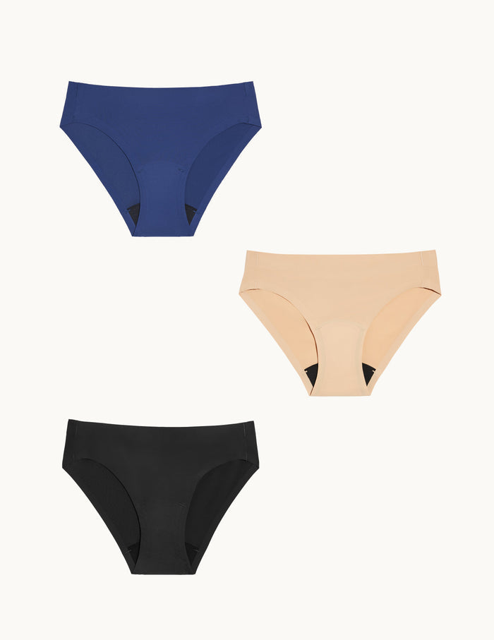 | Teen Light Leakproof No-Show Bikini 3-pack shown front-facing against a light gray background | Night Sky/Beige/Black