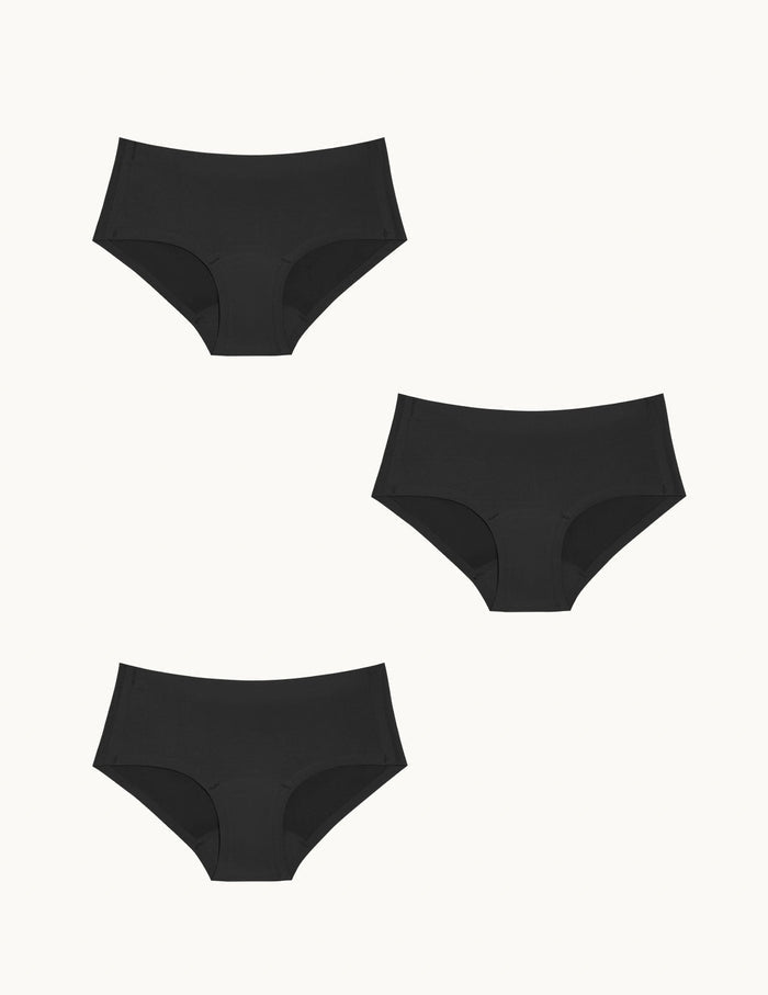 | Teen Light Leakproof No-Show Boyshort 3-pack shown front-facing against a light gray background | Black