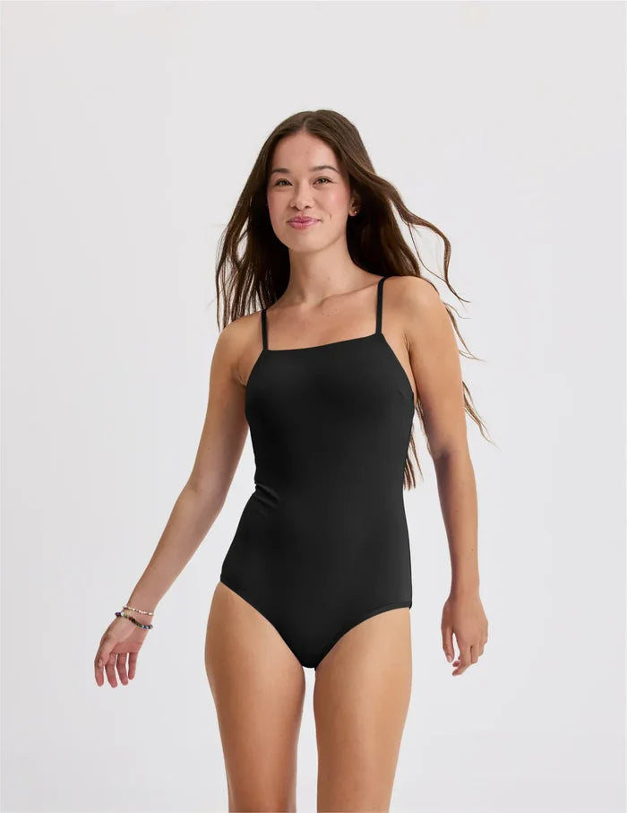 | Front view of model wearing the Teen Period Swim Square Neck One-Piece highlighting the coverage and fit | Black