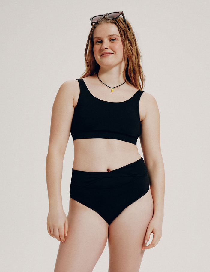 | Front view of model highlighting the coverage and fit | Black