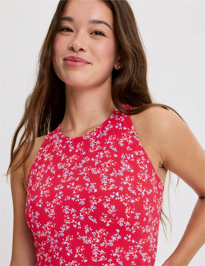 | Front view of model wearing the Teen Racerback Tankini Swim Top highlighting the coverage and fit | Poppy Petal