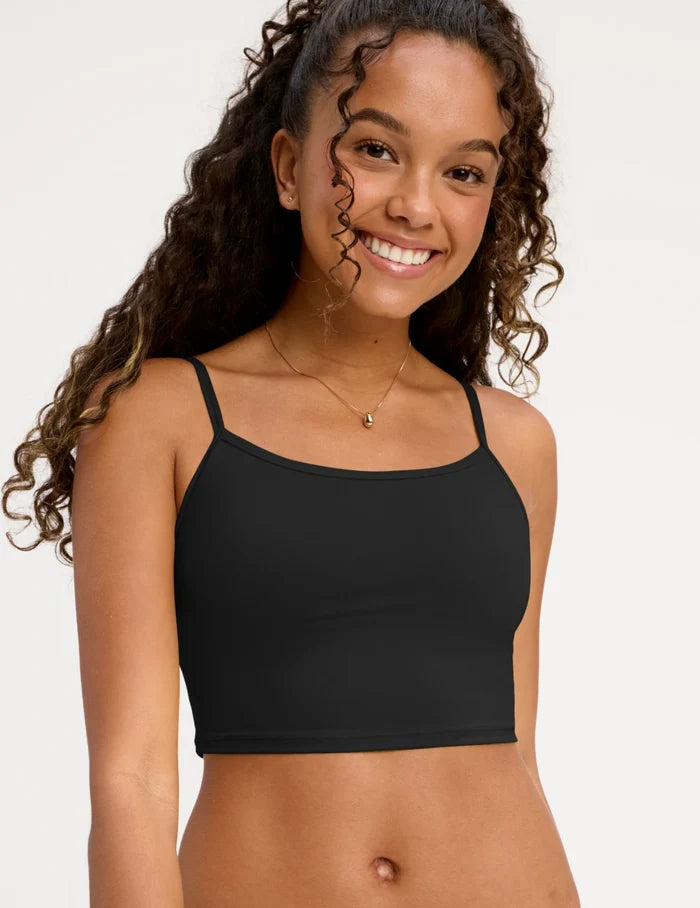 | Front view of model wearing the Teen Scoop Tankini Top highlighting the coverage and fit | Black