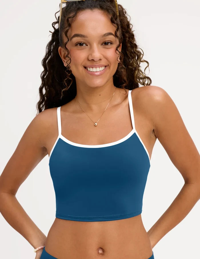 | Front view of model wearing the Teen Scoop Tankini Top highlighting the coverage and fit | Blue Coast