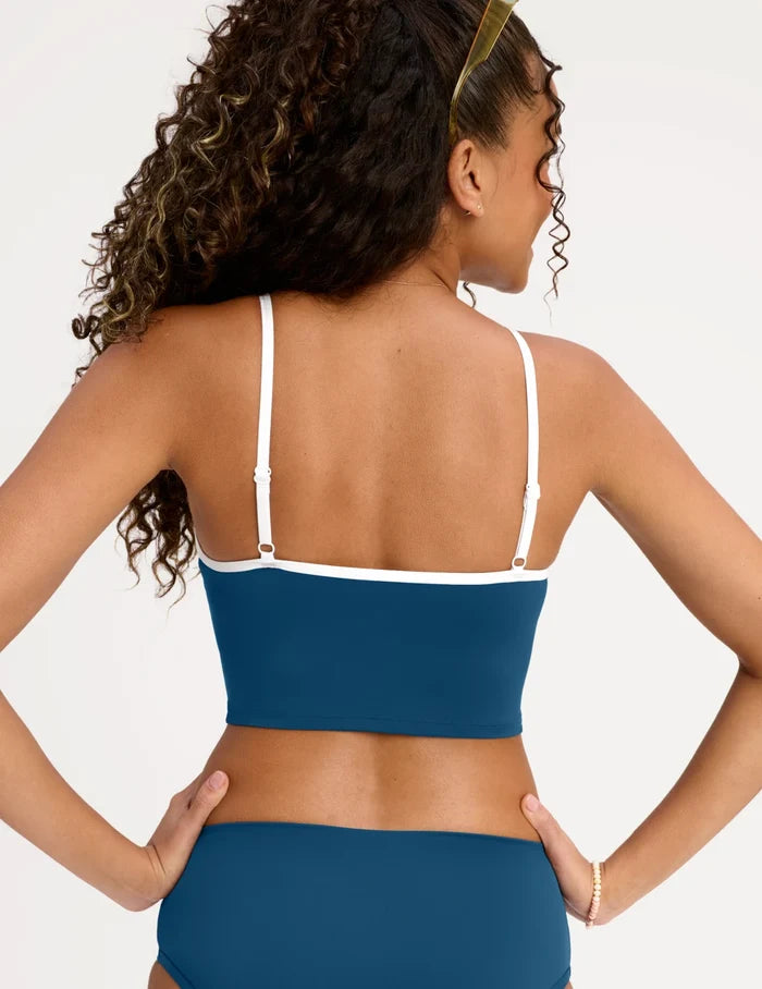 | Back view of model wearing the Teen Scoop Tankini Top highlighting the coverage and fit | Blue Coast