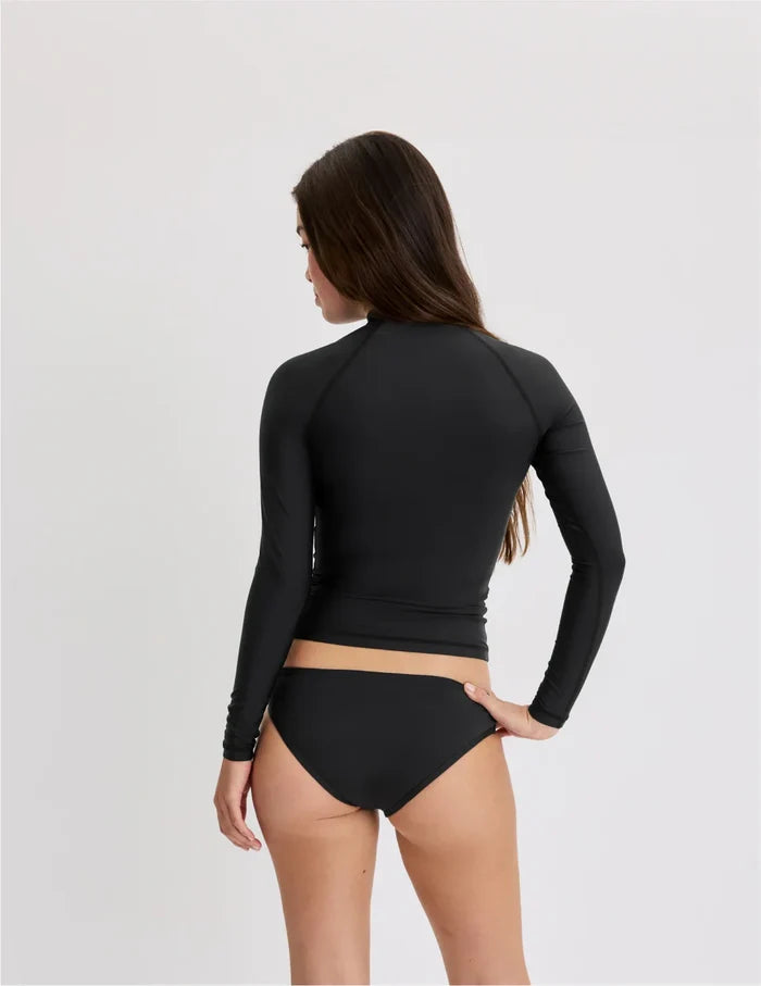 | Back view of model wearing the Teen Sunny Skies Rash Guard highlighting the coverage and fit | Black