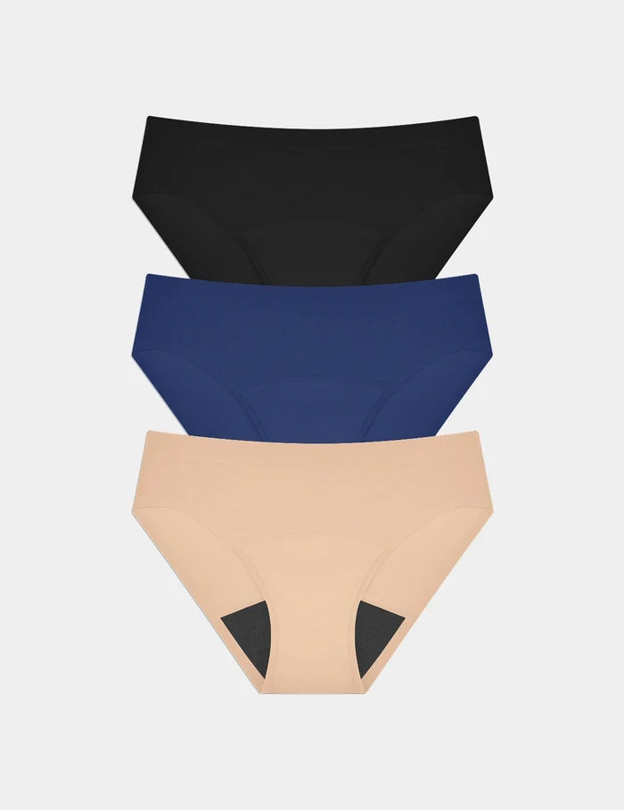 | Teen Super Leakproof® No-Show Bikini 3-pack shown front-facing against a light gray background | Night Sky/Beige/Black