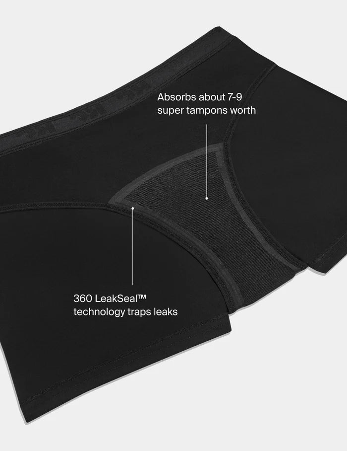 | Text on image: Absorbs about 7-9 super tampons worth. 360 LeakSeal technology traps leaks. | Black