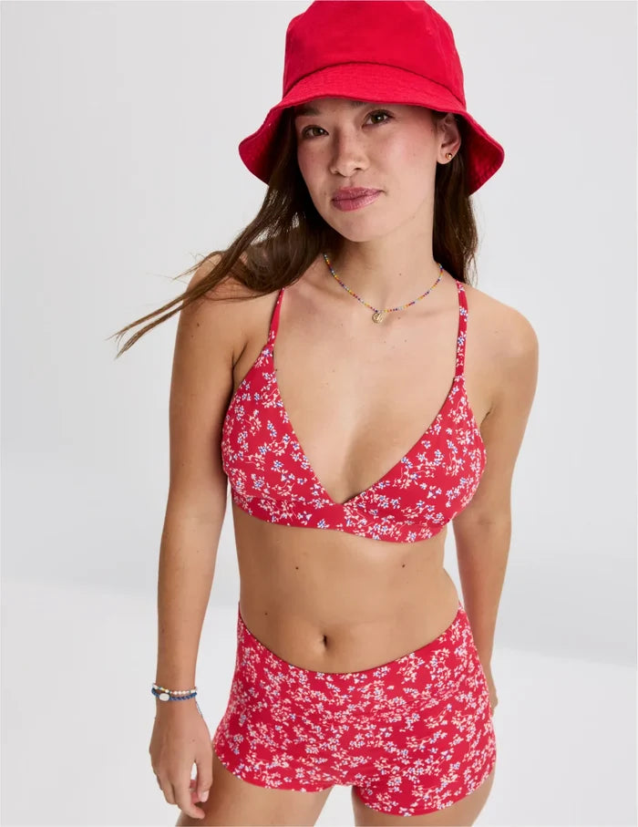 | Front view of model wearing the Teen Triangle Bikini Top highlighting the neckline, strap design and fit | Poppy Petal