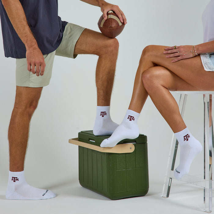 Del Campo Texas A&M Aggies golf socks on a male and female model