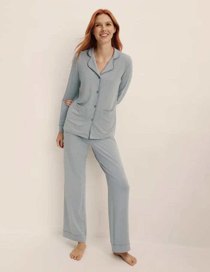 | Front view of model wearing the The Quintessential Sleep Set highlighting the coverage and fit | Glacier