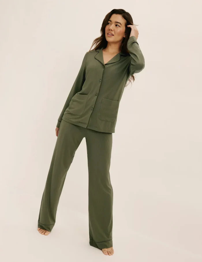 | Front view of model wearing the The Quintessential Sleep Set highlighting the coverage and fit | Olive