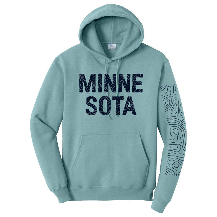 Aqua blue/sage green Minne Sota hoodie with 1 sleeve graphicly swirled (faux lake) designed