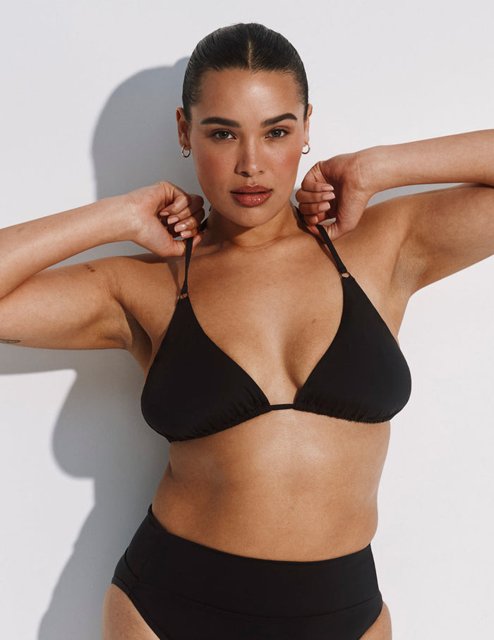 | Front view of model highlighting the coverage and fit | Black