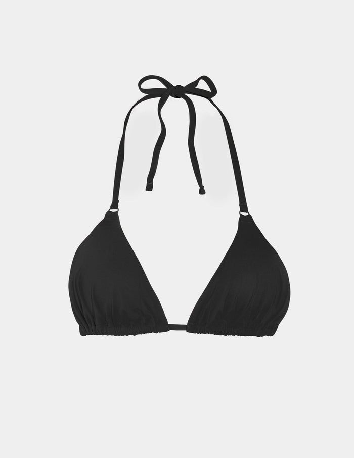 | Front view of model wearing the Triangle Bikini Top, highlighting the neckline, strap design, and smooth silhouette | Black