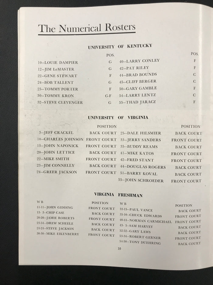 University of Virginia Basketball UVA vs. Kentucky 1965 Program with Pat Riley RARE