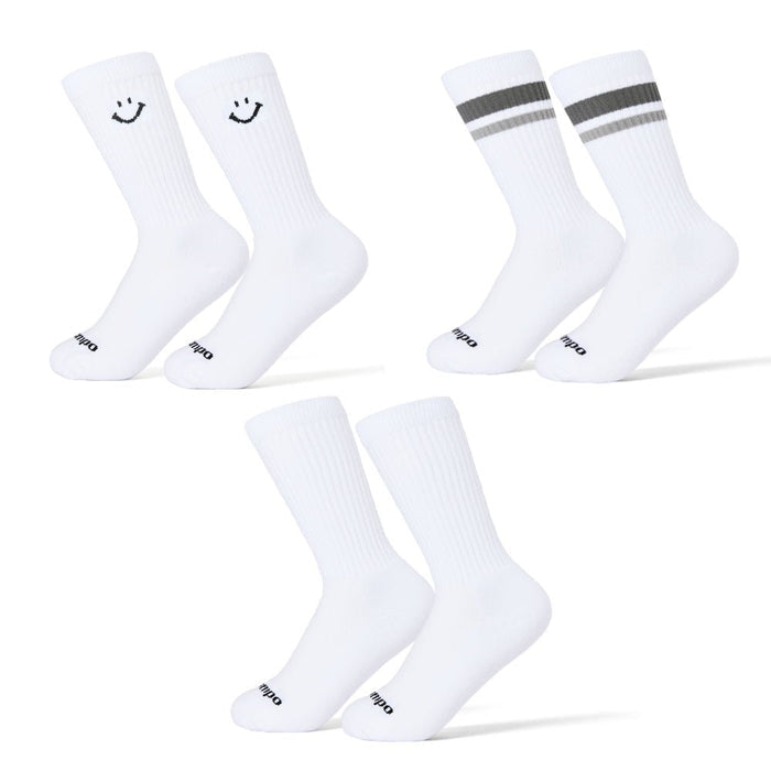 Del Campo Variety Crew 3-Pack golf socks featuring one grey stripe, one blank, and one smiley crew sock